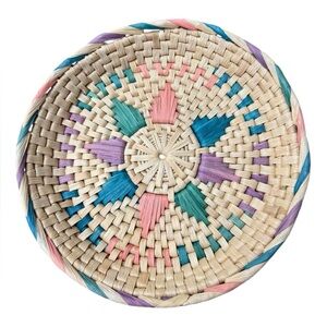 Boho Basket Tray Woven Grass Rattan Tan Pastel Pink Decorative Shallow Wall Art